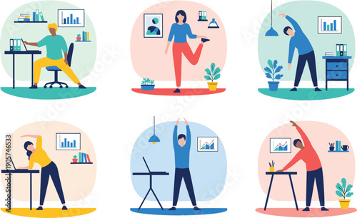 Detailed vector illustration set featuring office workers performing ergonomics-focused stretches and standing exercises in modern workspace settings