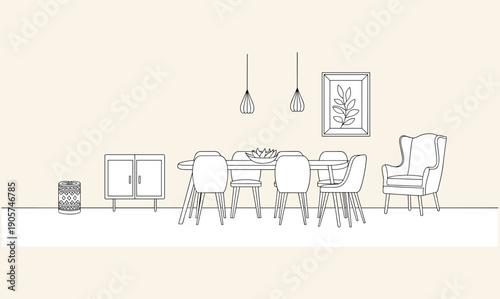 Minimal dining room interior illustration, modern furniture line art, cozy home decor, Scandinavian style, neutral background, elegant design, vector, set