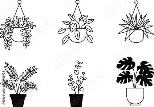 Minimal hanging and potted plant illustration set, houseplants icons, black line art and silhouette, modern botanical decor, isolated white background