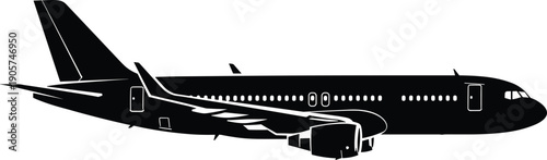 Commercial passenger airplane silhouette side view illustration, modern jet aircraft graphic, aviation transport concept, airline travel vector isolated design