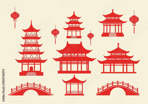 Chinese Traditional Architecture Element Set Vector Illustration