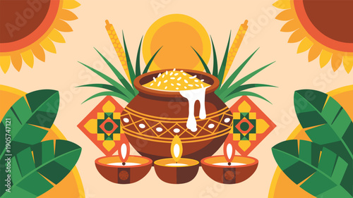 Traditional Indian harvest festival Pongal celebration with a pot of rice and diyas