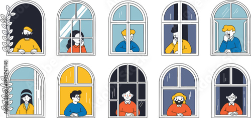 Set of arched window illustrations with people looking out for community building urban life and social connectivity design