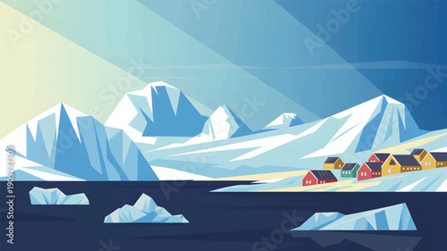Arctic village with colorful houses and icebergs in blue water