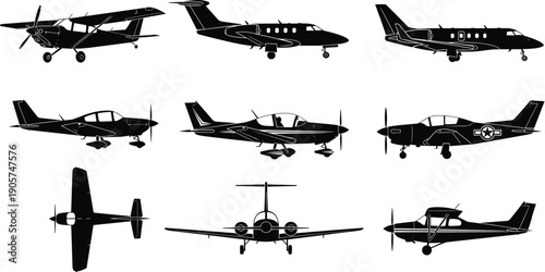 Light aircraft and private airplane silhouette collection, small aviation transport set, propeller plane vector, isolated black aircraft illustration