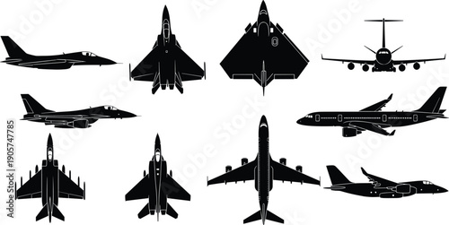 Military and commercial aircraft silhouettes set, fighter jets, passenger airplane vector collection, aviation transport illustration, isolated background design