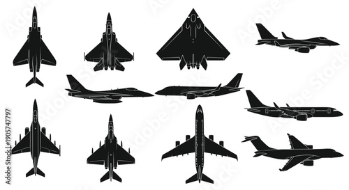 Military and commercial airplane silhouette collection, jet fighter and passenger aircraft set, aviation transport vector, isolated black plane design
