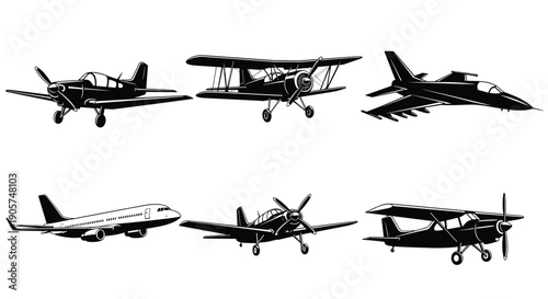 Mixed aircraft silhouettes collection, military jet, propeller plane, passenger airplane vector set, aviation transport illustration, isolated background, flight design