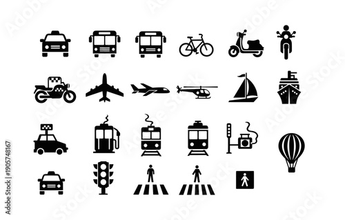 Silhouette icons of diverse transportation modes and vehicles in black