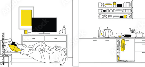 Detailed black and white line illustration of a studio apartment interior featuring bedroom and kitchen with yellow accents