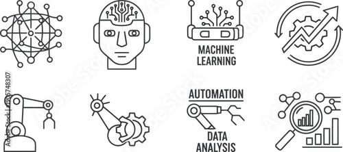 Digital Icons of Technological Advancements: This image showcases a collection of meticulously designed line art icons that represent various facets of the digital world.