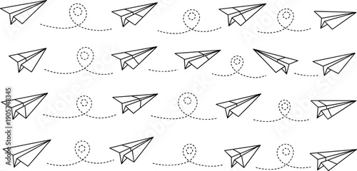 Paper airplane seamless pattern illustration, hand drawn flight path background, travel communication concept, minimal line art vector design