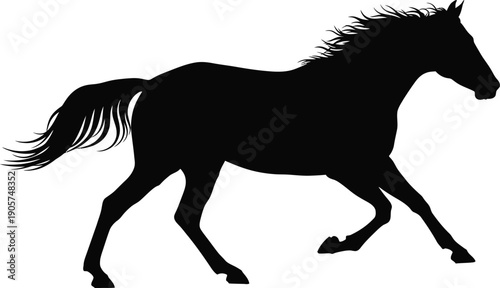 Horse silhouette gallops at full speed across an open space showcasing dynamic movement.