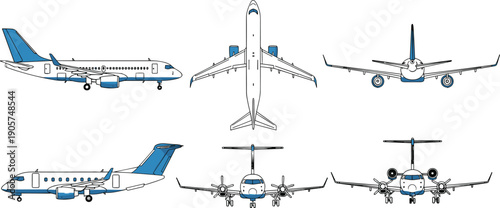 Regional passenger airplane illustration collection, turboprop and jet aircraft multiple views, aviation transport concept, airline travel vector isolated design
