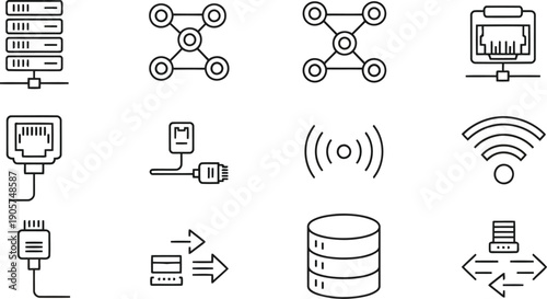 Network Technology Icons: A concise collection of network technology icons. Conveying connectivity and the digital world, These versatile graphics perfect for technology.