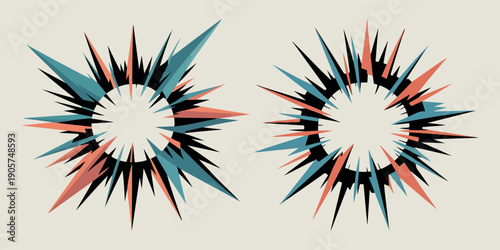Two abstract starbursts in coral blue and black explosion