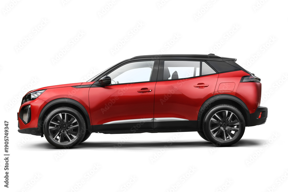 Fototapeta premium A clean studio shot of a red modern SUV in full left side profile view, isolated on a transparent background.