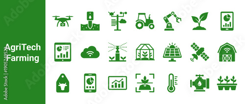 AgriTech Farming Icon Set featuring smart agriculture technology symbols like drones, tractors, sensors, robotic arms, solar panels, and data analytics for precision farming and innovation.