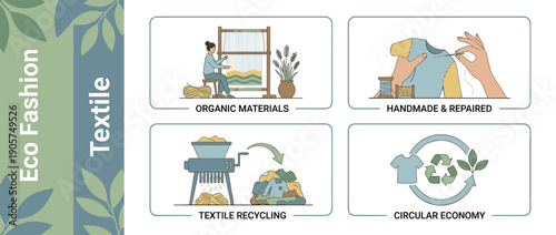 Eco Fashion Textile Infographic Illustrating Sustainable Practices: Organic Materials Weaving, Handmade Repair, Textile Recycling, and Circular Economy Concept for Green Clothing Industry.