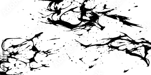 Black ink splat and grunge splashes create a dirty paint texture illustration with vector splatter elements, featuring artistic spray drips and liquid stain spots on a brush stroke border frame