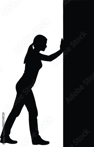 Woman silhouette pushes against a vertical wall surface to demonstrate physical effort and resistance.