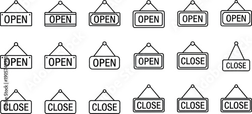 Set of black and white open and close hanging sign icons for storefront retail business and restaurant design