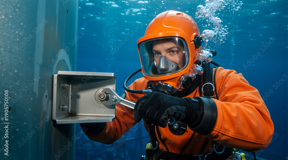 Obraz premium Commercial diver performing underwater maintenance with wrench. Professional in orange diving suit and helmet working on submerged structure. Marine engineering concept