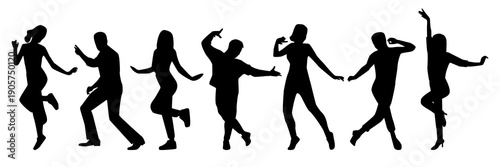Silhouettes of young people dancing in various poses.  Illustration is ideal for art projects, posters, and education