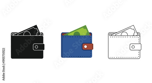 Collection of money wallet icons showing cash in black glyph color flat and outline styles