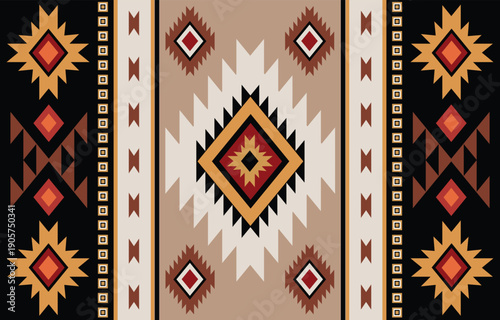 Ethnic tribal Aztec colorful brown black background. Seamless tribal pattern, folk embroidery, tradition geometric Aztec ornament. Traditional design for fabric, textile, print, rug, paper, carpet