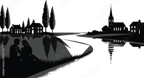 Romantic couple silhouette sitting by river in peaceful village landscape with church and houses, serene evening countryside scene isolated on white background.