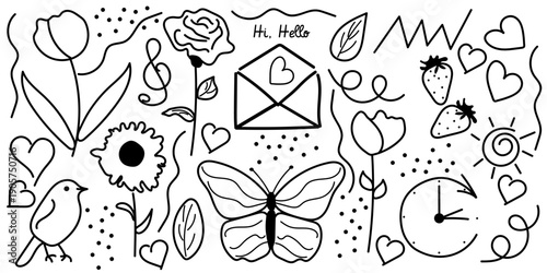 Spring doodle collage with floral elements - butterfly, bird, envelope, clock, heart and strawberry motif