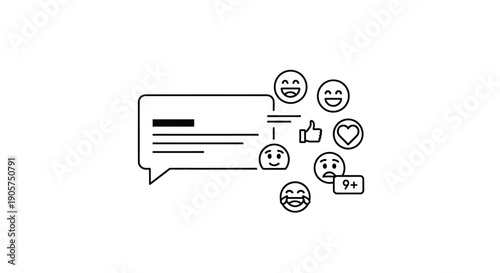 Outline icon representing digital communication featuring a speech bubble accompanied by various social media reaction emojis like laughter and love on a dark background.
