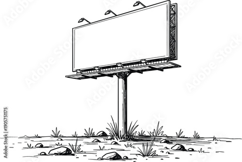 Detailed black and white line illustration of a blank outdoor billboard with lighting for advertising and marketing design