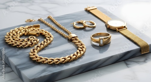 A collection of gold jewelry on a marble slab