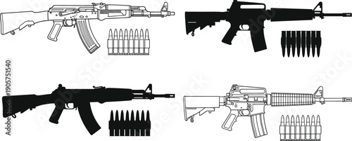 Vector illustration set featuring modern assault rifles in silhouette and line art styles with accompanying rows of ammunition