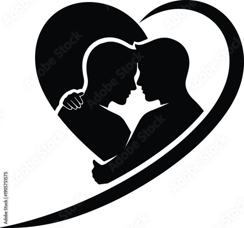 Romantic couple silhouette, love heart illustration, intimate embrace design, emotional connection 