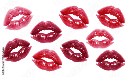 Set of red lipstick kiss marks isolated on white for love romance and valentines day designs.