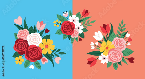 A colorful illustration of two floral arrangements on contrasting blue and orange backgrounds