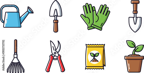 Gardening tools and planting flat line icon set with watering can, gloves, shovel, rake, pruner and potted plant vector illustration