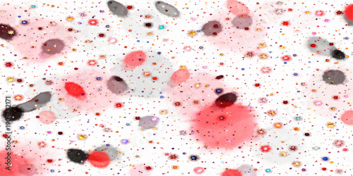 Seamless watercolor illustration of red and white paint splashes with heart shapes and pink drops creating a decorative Valentine day wallpaper texture