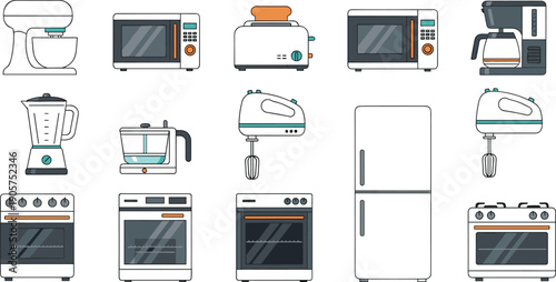 Kitchen Appliances And Home Cooking Equipment Icon Set Featuring Mixer, Microwave, Refrigerator, Oven And Coffee Maker Vector Collection