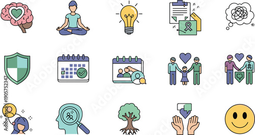 Mental Health And Emotional Wellness Icon Set Featuring Mindfulness, Therapy Support, Family Care, Positivity And Psychological Wellbeing Vector Collection