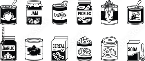 Set of black and white grocery icons featuring canned goods jam cereal and preserved food for retail design