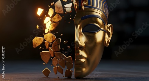 A gold pharaoh mask with a shattered side, symbolizing broken identity or freedom, on a dark background.