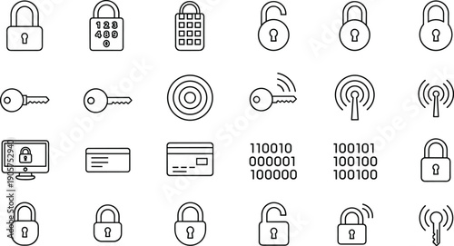 Security and encryption line icons set featuring padlocks, keys, credit cards, digital binary code, signal 