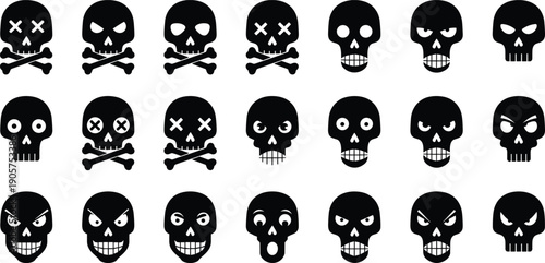 Set of Black Silhouette Vector Illustrations Featuring Various Human Skulls with Different Expressions for 