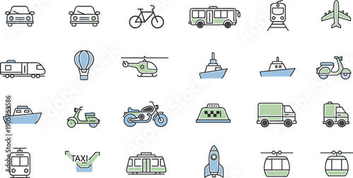 Transportation and vehicle flat line icon set featuring cars, bus, train, airplane, bicycle, taxi, ship, scooter and public transit vector collection