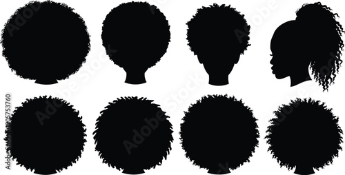 Set of black silhouettes representing diverse African American women with natural afro hairstyles, curly care.