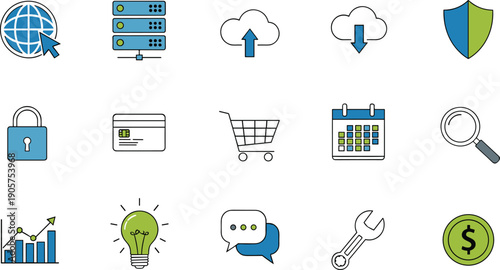 Web services and online business flat line icon set with cloud storage, ecommerce, security, analytics and digital tools vector illustration